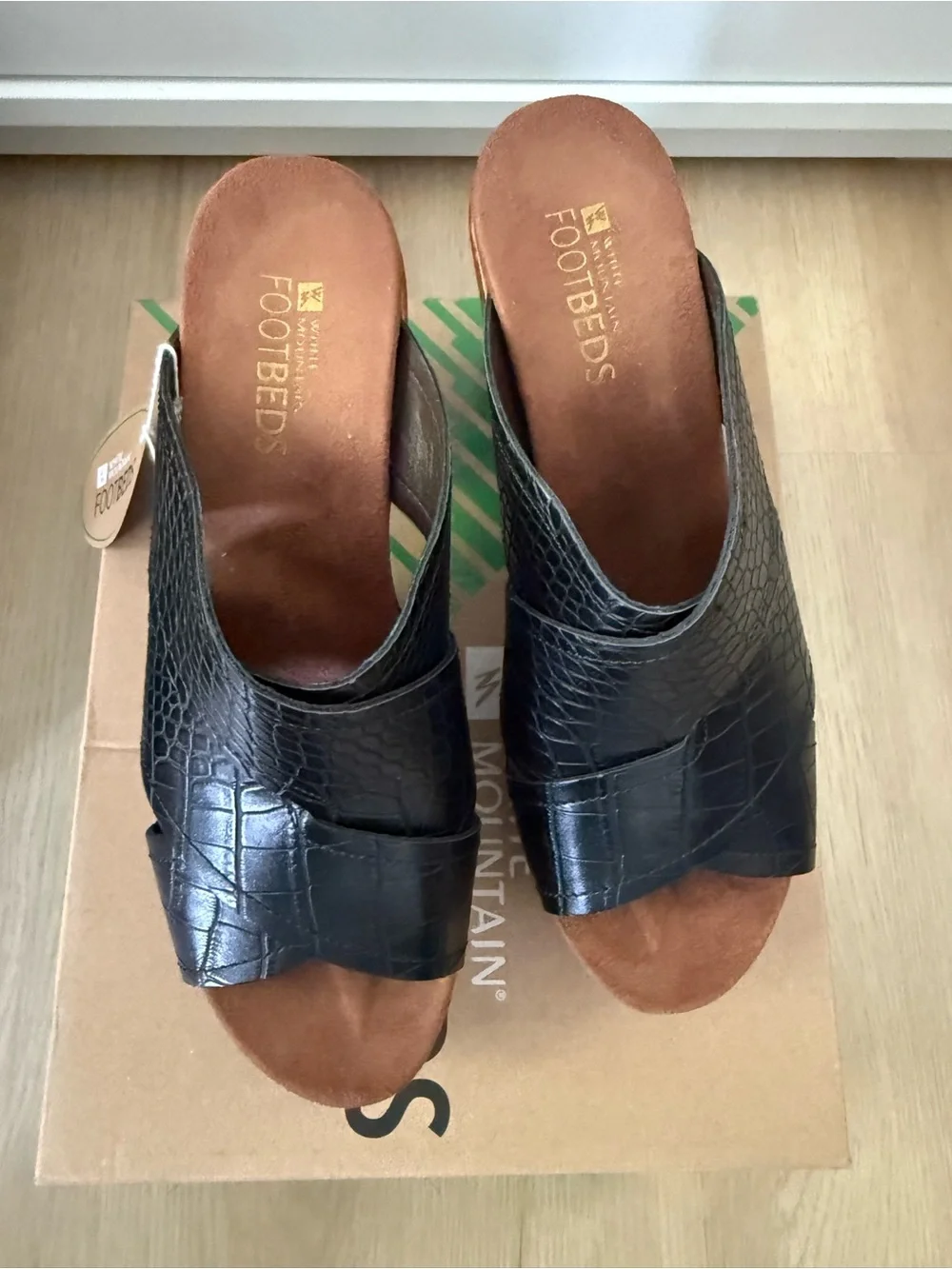 White Mountain Black Croc-Texture Platform Mules NWT